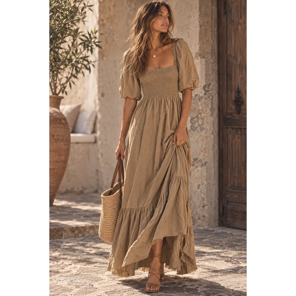 o.p.t Brown Smocked Puff Sleeve Cut Out Back Tiered Maxi Dress XL